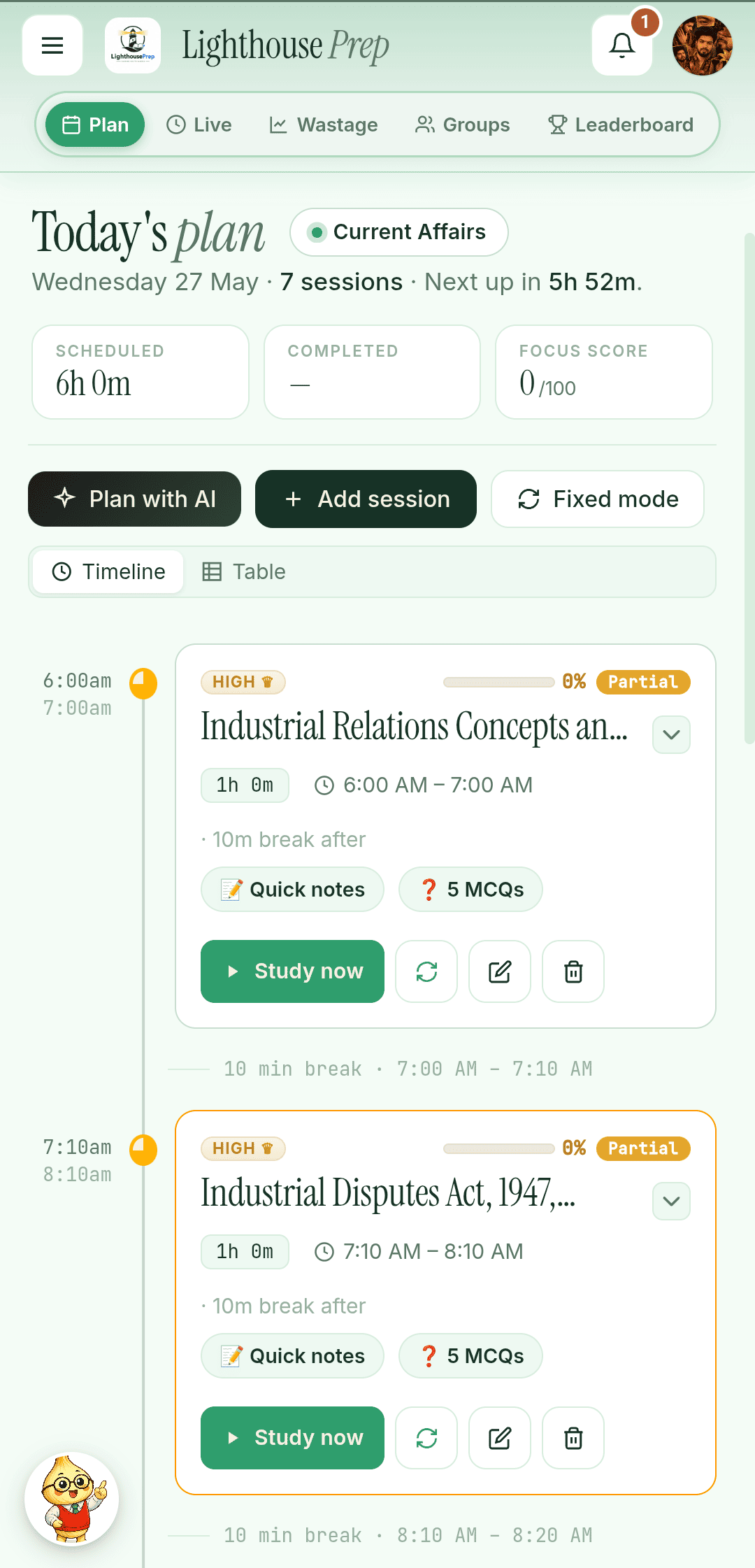 App home — Today's Plan