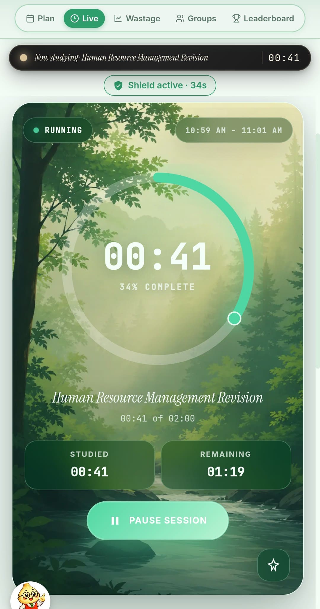 Live Session — timer running