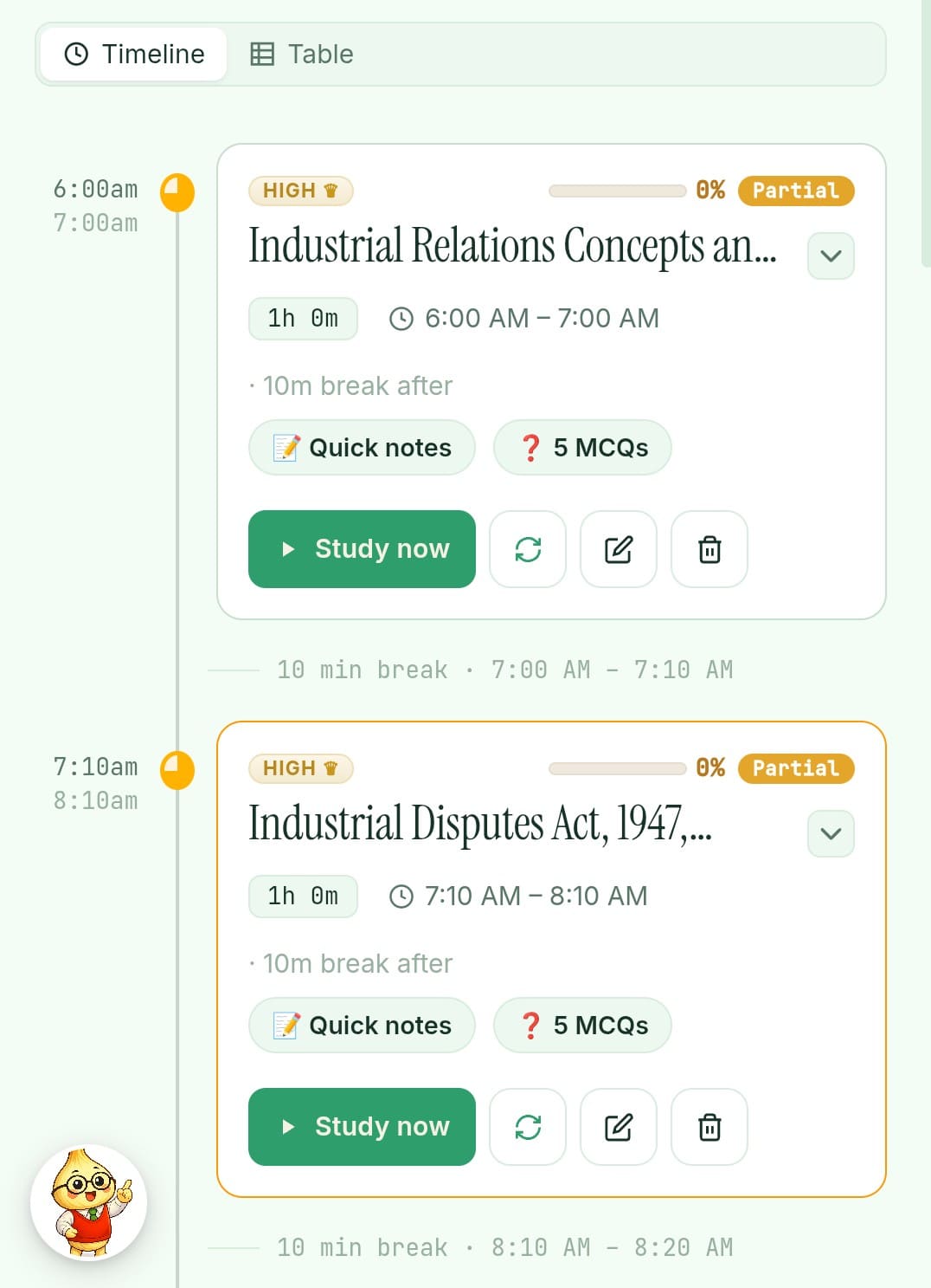 Today's Plan — timeline view